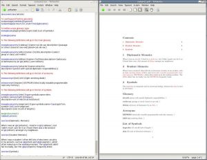 image of texworks with code on the left and PDF showing glossaries on the right