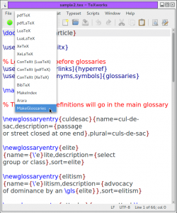 Image of texworks showing MakeGlossaries highlighted in drop-down menu.